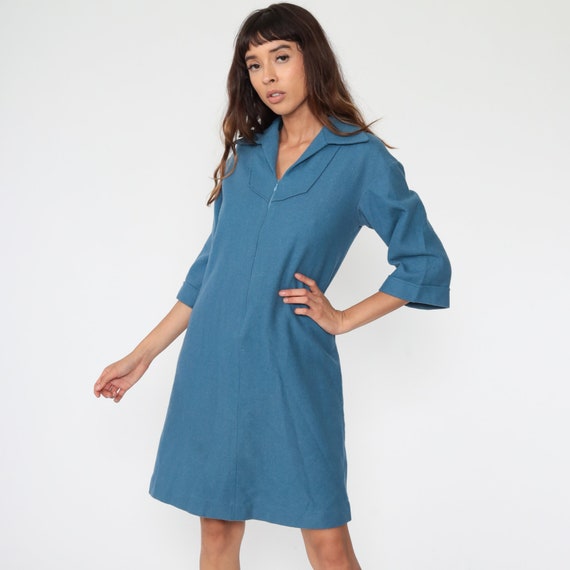 Blue Wool Dress 60s Mod Mini Dress 70s Twiggy Shi… - image 3