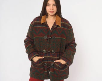 80s Southwestern Wool Jacket Burgundy Teal Blanket Coat Toggle Front Corduroy Collar Patch Pockets Geometric Quilted Unisex Vintage Medium M
