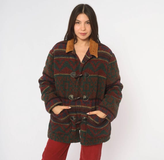 80s Southwestern Wool Jacket Burgundy Teal Blanket Coat Toggle Front Corduroy Collar Patch Pockets Geometric Quilted Unisex Vintage Medium M