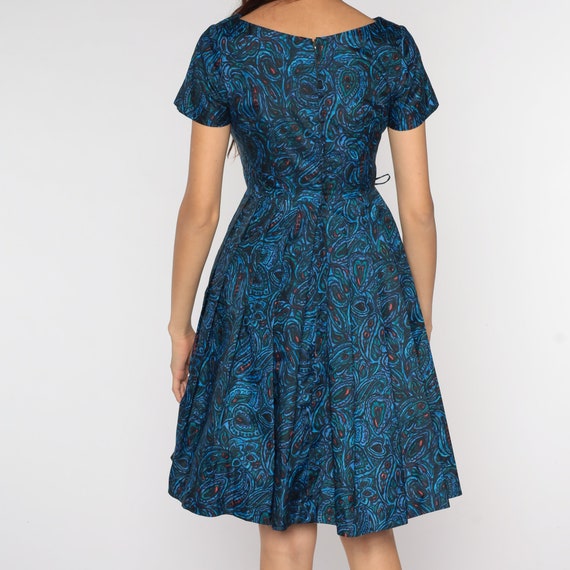 60s Day Dress Blue Paisley Tea Length 60s PLEATED… - image 7