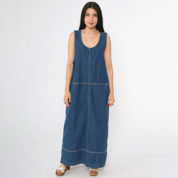 Vintage Denim Jumper Dress 90s Blue Jean Pinafore Maxi Dress Retro Sleeveless Overall Low Armhole 1990s Basic Editions Medium M