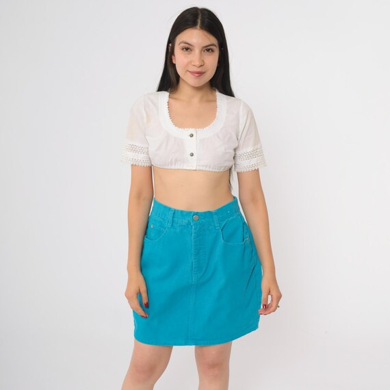 Turquoise Denim Skirt 90s Steel Jeans High Waisted Mini A-Line Cotton Teal Blue Casual Streetwear Grunge Summer Bright Rave Size 13 L