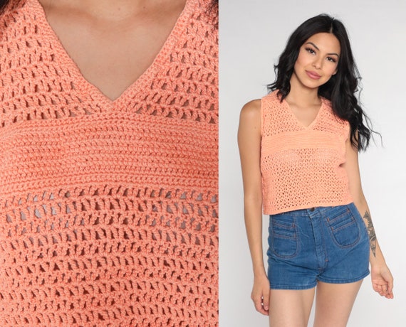 Crochet Crop Top 80s Sheer Orange Tank Top Festival Shirt Boho Blouse V Neck Open Weave 1980s Hippie Sleeveless Cutwork Bohemian Small S