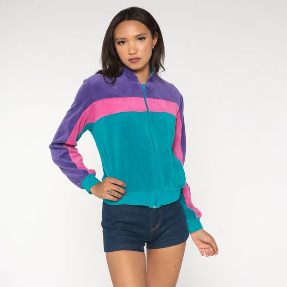Velour Track Jacket 80s Turquoise Purple Striped Zip Up Sweatshirt Color Block Warm Up Jacket Blue Pink Retro 1980s Jantzen Medium