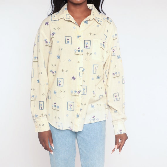 Yellow Butterfly Shirt 90s Button Up Top Retro Fl… - image 8