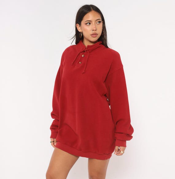 90s Red Drawstring Sweatshirt Winter Fall Collar Button Neck Pullover Cotton Cranberry Vintage Crazy Shirt Relaxed Fit Warm Top Large L