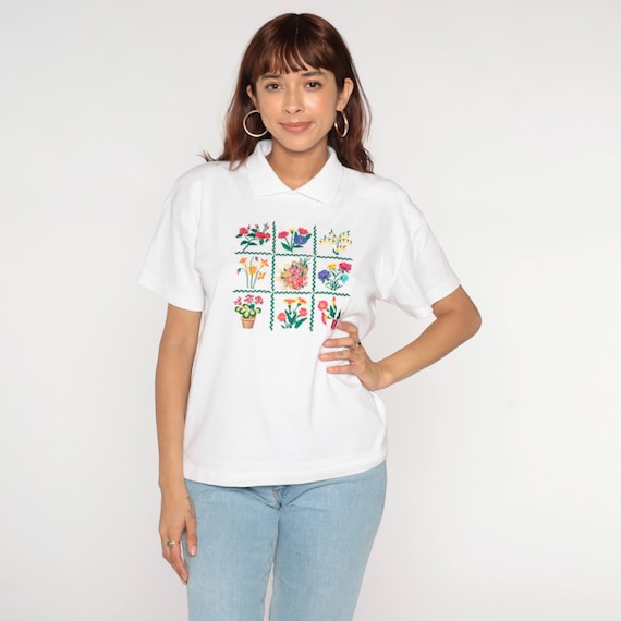 90s Embroidered Floral T-Shirt White Collared Retro Garden TShirt Solid T-Shirt Nature Top Basic Vintage 1990s Medium Petite