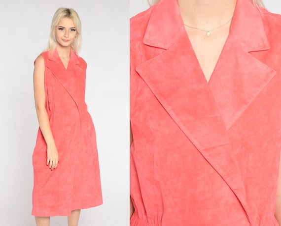 Faux Suede Dress 80s Salmon Pink Midi Dress Retro Sleeveless Collared Wrap V Neck Preppy Secretary High Waisted Vintage 1980s Medium Large