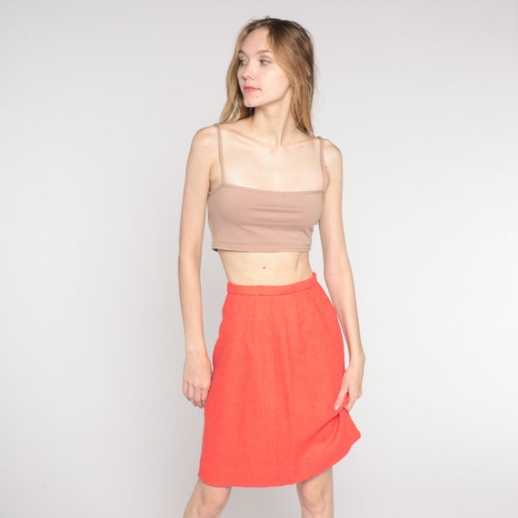 Vintage 60s Salmon Skirt Wool Blend Mini Skirt Pink-Orange High Waisted Preppy Pencil Retro Professional Basic Chic Secretary 1960s 2xs xxs