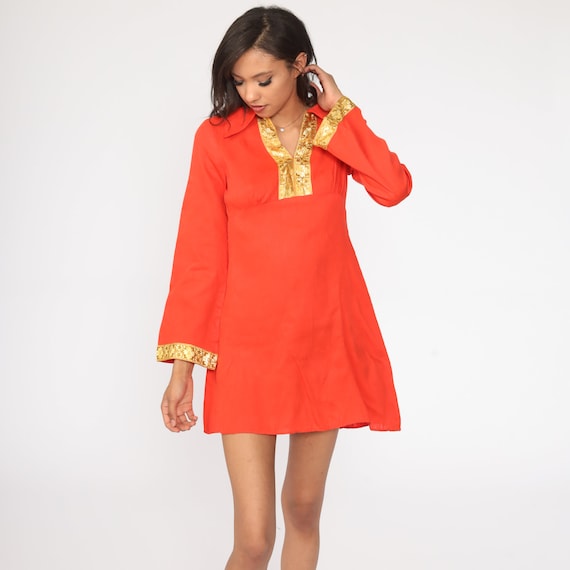 Red-Orange Babydoll Dress 70s Mini Boho Bell Sleeve Gold Empire Waist Mod Party 1970s BOHEMIAN Hippie Vintage Minidress Small xs s