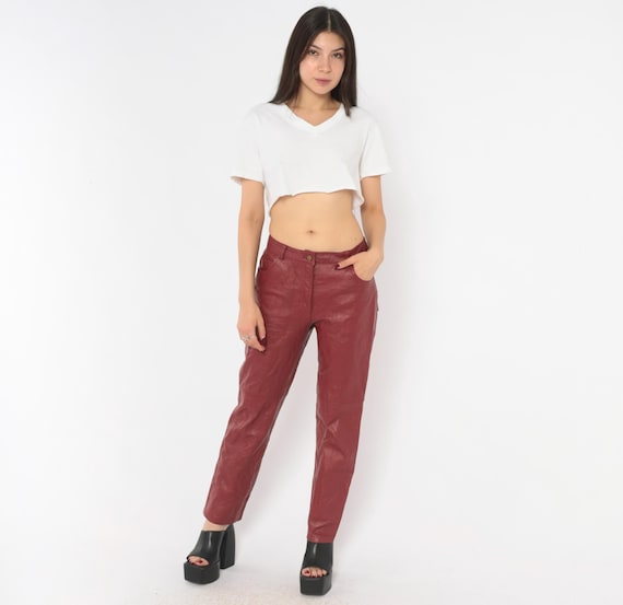 Burgundy Leather Pants 2000s Metrostyle Straight Leg Wine Trousers Low Rise Slim Fit Ankle Length Vintage Lined Maroon Slacks Petite Small S