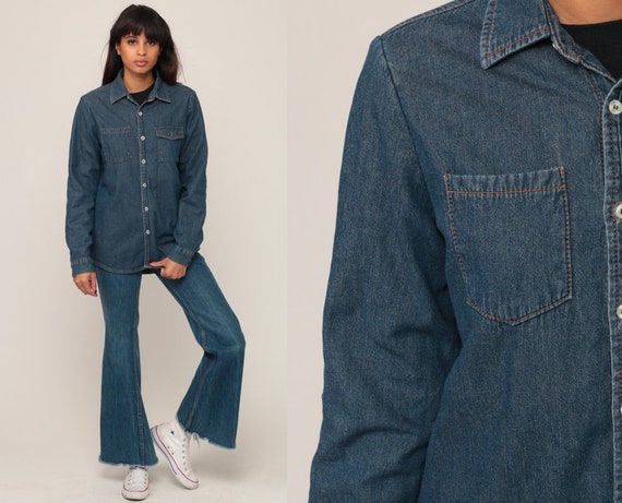 Denim Shirt 90s Grunge Blue Jean Shirt LINED Boyfriend 1990s Long Sleeve Button Up Vintage Small Medium