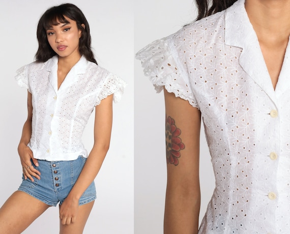 Eyelet Lace Blouse 70s White Lace Shirt 