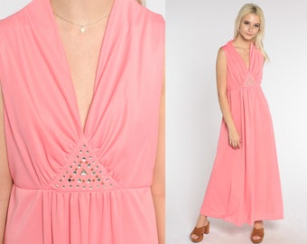Pink Grecian Gown 70s Party Dress Rhinestone Embellished V Neck Maxi Dress Empire Waist Sleeveless Glam Retro Cocktail Vintage 1970s Large L