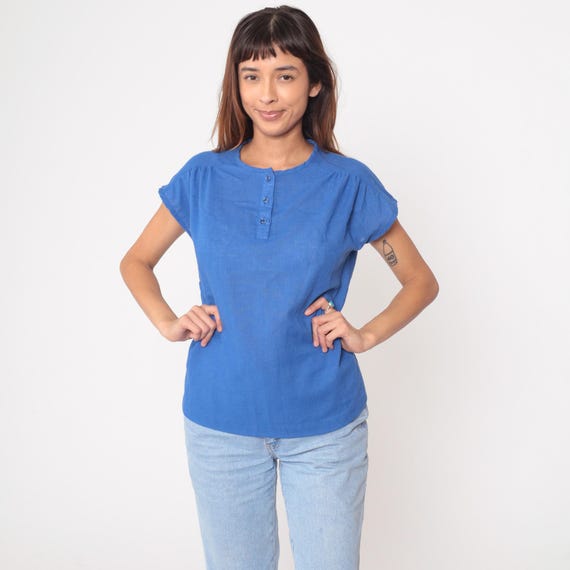 80s Blue Blouse Cotton Button Front Short Sleeve Gathered Shoulders Casual Preppy Academic Light Academia Clean Girl Vintage Top Medium M