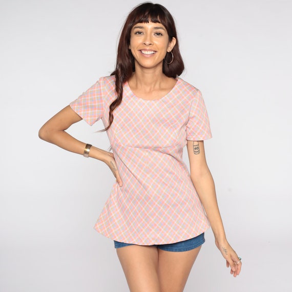Pink Plaid Blouse 70s Shirt Checkered Print Boho 1970s Top Short Sleeve Shirt Vintage Small