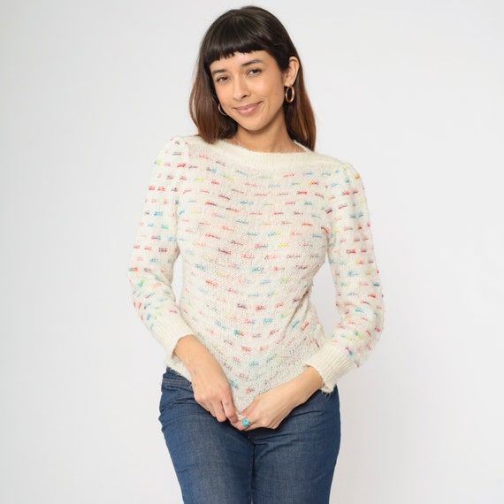 80s Puff Sleeve Sweater White Rainbow Sweater Striped Sweater Knit Boatneck Pullover Kawaii Sweater 1980s Vintage Extra Small xs