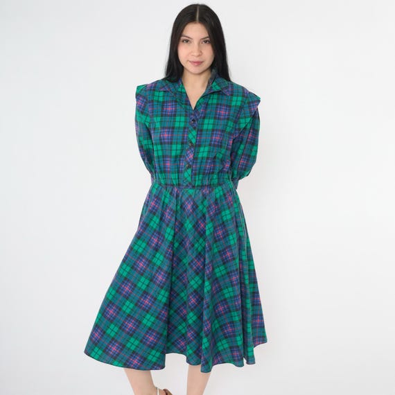 Vintage Plaid Shirt Dress 80s Button Up Midi Dress Blue Green Checkered Secretary Shirtdress High Waist Short Sleeve 1980s Small S