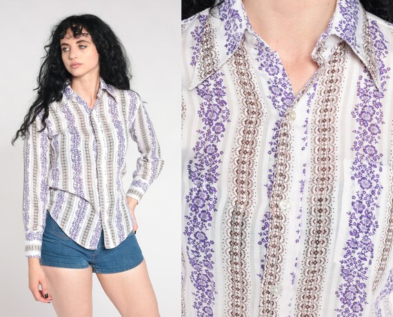 70s Disco Shirt Striped Floral Print Shirt White Purple Boho Dagger Collar Button Up Top Retro Hippie Vintage 1970s Long Sleeve Small xs s