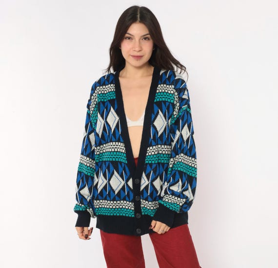 90s Geometric Knit Cardigan Teal Blue Diamond Fair Isle V Neck Button Front Long Sleeve Grandpa Sweater Dark Academia Nordic Vintage Large L