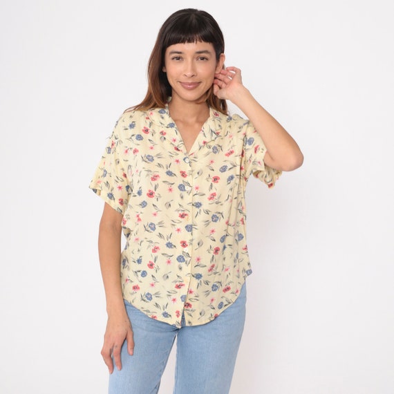 Light Yellow Floral Blouse 90s Button Up Shirt Pastel Pink Blue Retro Short Sleeve Top Flower Print Casual 1990s Vintage Rayon Small S