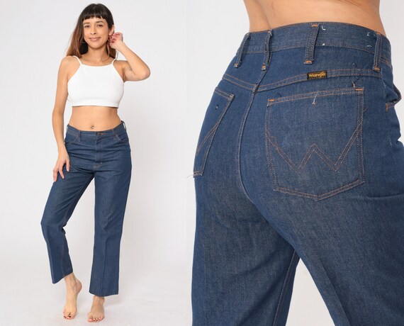 70s Flare Jeans Wrangler Jeans High Waisted Bootcut Dark Wash Blue Denim Pants Hippie Bohemian Seventies Flares Vintage 1970s Men's 32 x 36