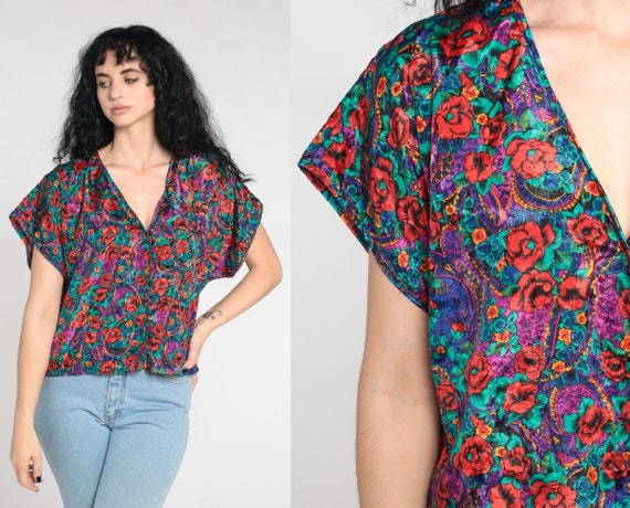 Floral Pajama Top Embossed Paisley Satin Lingerie Pajama Shirt 90s Pajamas Top Button Up Sleep Shirt Vintage 1990s Large L