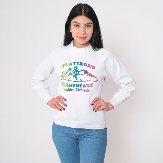 Flatirons Elementary School Sweatshirt 90s Boulder Colorado Sweatshirt Chautauqua Park Graphic Shirt White Raglan Sweater Vintage 1990s XS