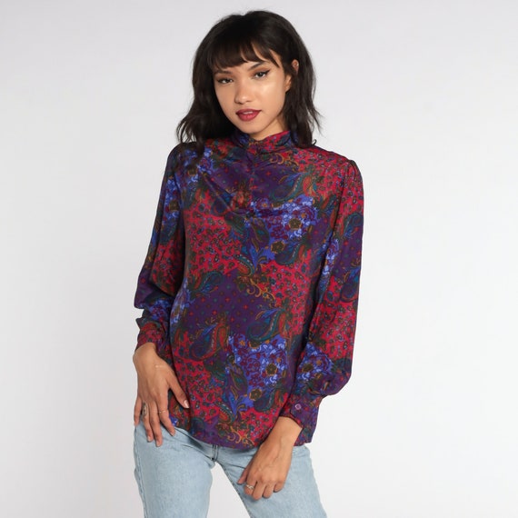 Vintage 80\u2019s paisley print button up blouse silky satin puff bishop sleeve blouse 70\u2019s