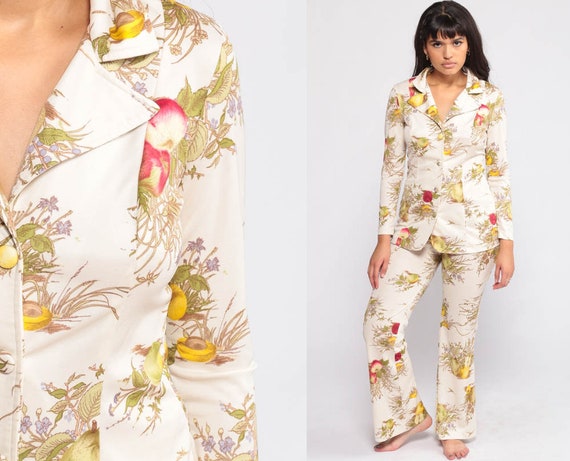 70s Jumpsuit Set Bell Bottoms PANTS + JACKET Two Piece Outfit Floral Hippie Disco High Waist Bohemian Top Vintage Trousers Boho Small