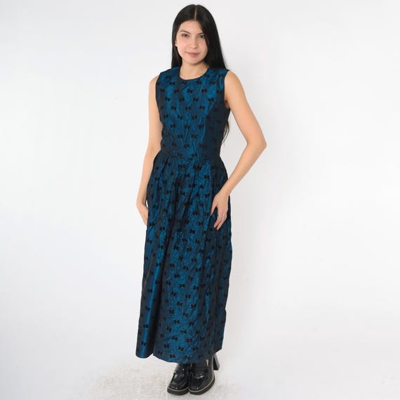 Vintage Blue Party Dress 90s Taffeta Flocked Bow Print Sleeveless Midi 1990s Formal High Waisted Evening Gown Susan Bristol Extra Small xs