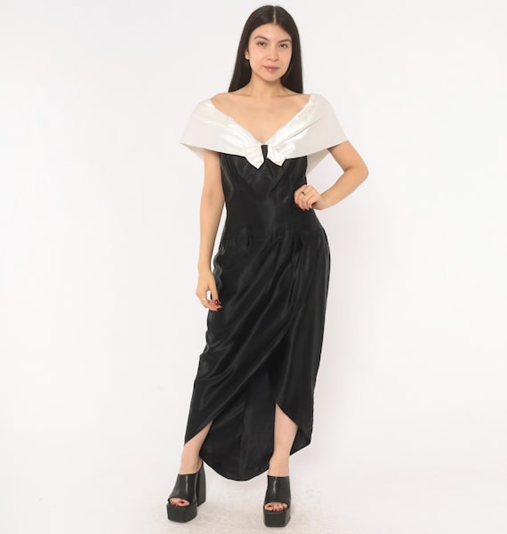 90s Black Satin Gown White Bow Detail Off Shoulder Evening Formal Dress Wrap Tulip Hem V Neck Cap Sleeve Cocktail Vintage Large L