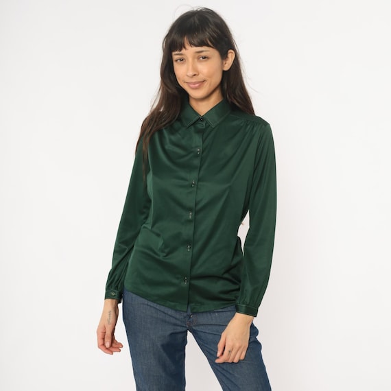 70s Deep Forest Green Button Front Blouse Long Sleeve Collared Vintage Disco Shirt Business Professional Preppy Dark Academia Top Medium M