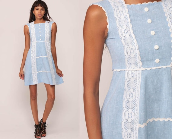 Babydoll Dress 60s Mod Mini PETITE 70s Boho LACE Trim 1970s Vintage Empire Waist Dolly Lolita Bohemian Blue White Cap Sleeve Extra Small xs