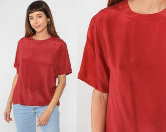 Red Silk Shirt Y2K Simple Blouse Short Sleeve Shirt Sleeve Basic Plain Solid Minimalist Top Retro Casual Vintage 00s Anna and Frank Medium M
