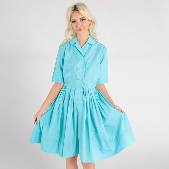 60s Day Dress Robin's Egg Blue 1960s Midi Dress Mad Men Button Up Shirtwaist Dress COTTON Pleated Vintage Plain High Waist Small 4