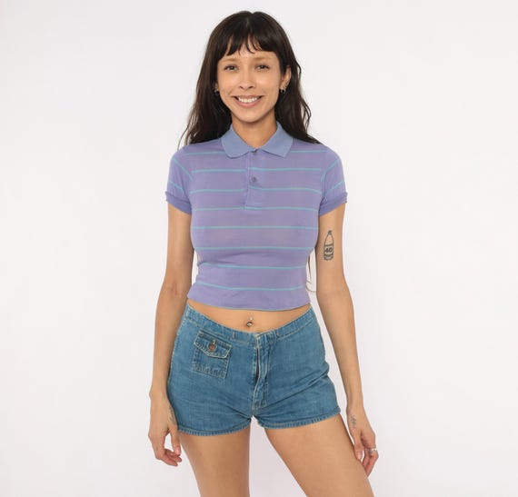 80s Striped Polo Crop Top Lavender Cotton Short Sleeve Fitted Tee Collegiate Preppy Button Front Cropped Blouse Vintage Extra Small XXS 2XS