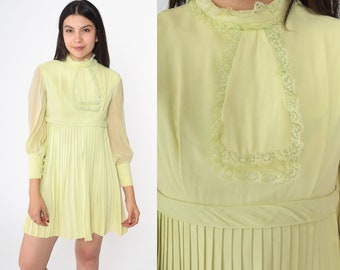 60s Mini Dress Mod Lime Green Pleated Party Dress Long Chiffon Sleeve 1960s Space Age Empire Waist Babydoll Vintage Bohemian Extra Small xs