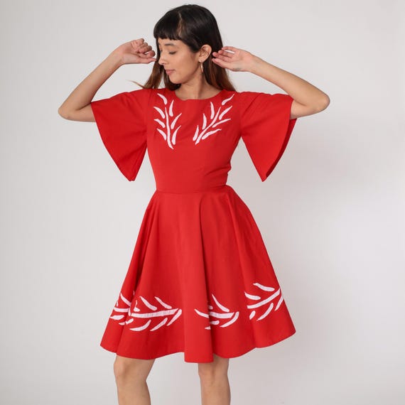 Red Embroidered Mini 60s White Flutter Sleeve Dress Vintage Fit Flare Full Skirt Cotton  Day Dress Mod Dance  Valentine Small S
