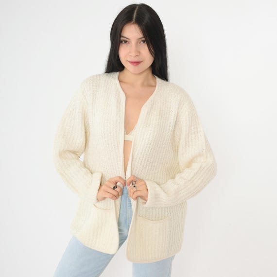 Vintage Ivory Cardigan 80s Open Front Ribbed Knit Sweater Pocket Front Long Sleeve Retro Basic Plain Simple Acrylic 1980s Oversized Large L