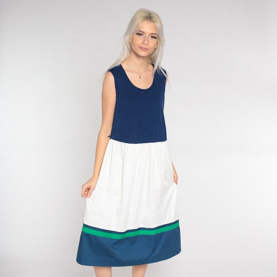 70s Midi Dress Blue White Color Block Day Dress Green Striped High Waisted Sleeveless Basic Retro Casual Tank Dress Vintage 1970s Large L