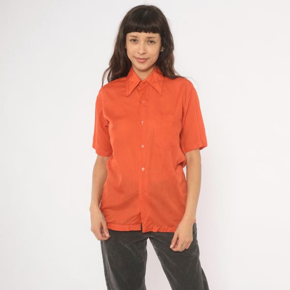 70s Burnt Orange Shirt Pointed Collar Short Sleeve Terra Cotta Blouse Copper Top Chest Pocket Vintage Camp Collar Summer Small S Medium M