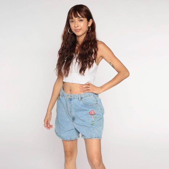 90s Floral Embroidered Jean Shorts Blue Denim Shorts High Waisted Jean Shorts Flower Print Vintage 1990s Shorts Medium 31 Waist