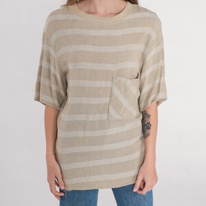 Striped Pocket Tee 90s Tan T-Shirt Basic TShirt Streetwear Crewneck Pocket Short Sleeve Top Neutral Tonal Minimal Rayon Vintage 1990s Small image 5