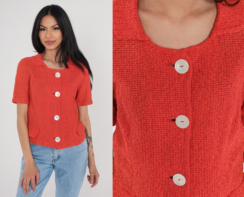 Orange Knit Blouse 90s Knit Sweater Top Short Sleeve Button up Blouse Collared Retro Preppy Shirt Boho Vintage 1990s Small S image 1