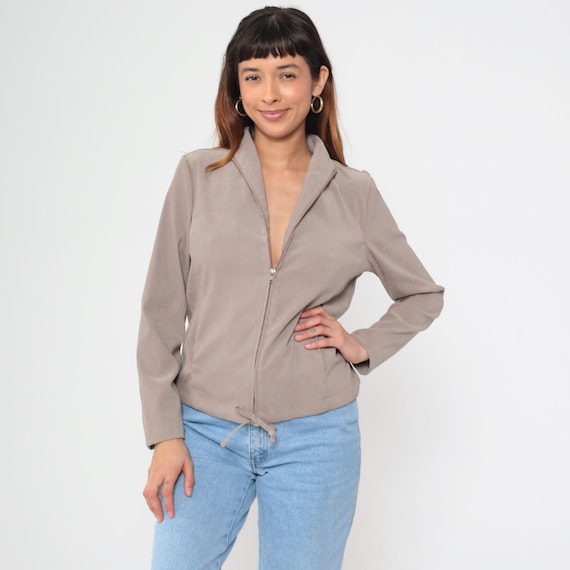 Taupe Zip Up Jacket 90s Mock Neck Long Sleeve Minimalist Neutral Earth Tone Casual Stretch Fabric Normcore Clean Girl Aesthetic Medium M