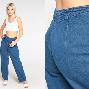 High Waisted Jeans 90s Straight Leg Mom Jeans Stitchwork Retro Denim Pants Boyfriend Basic Plain Blue Streetwear Vintage 1990s Small S 26