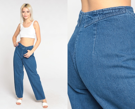 High Waisted Jeans 90s Straight Leg Mom Jeans Stitchwork Retro Denim Pants Boyfriend Basic Plain Blue Streetwear Vintage 1990s Small S 26