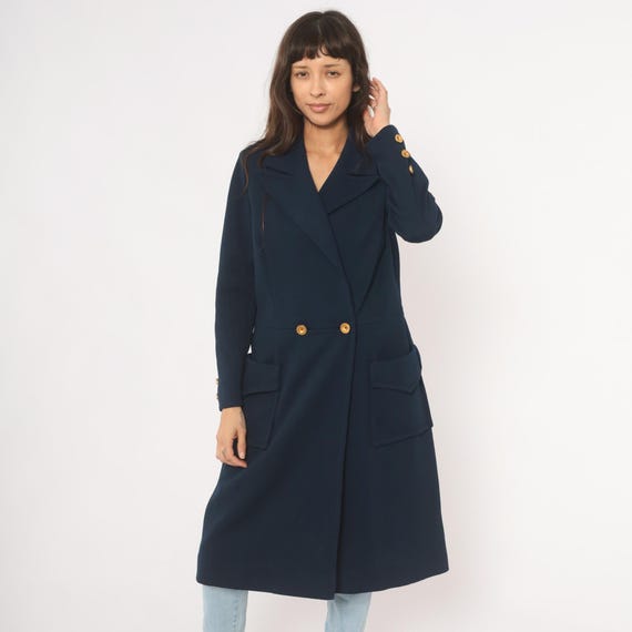 70s Navy Double Breasted Coat Gold Button Blazer Notched Lapel Flap Pocket Dark Academia Vintage Winter Jacket Tailored Women's Large L