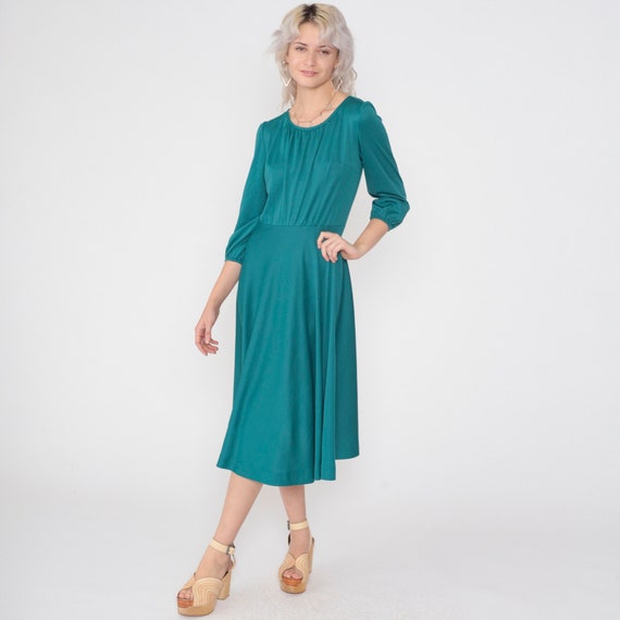 Teal Green Dress 70s Midi Day Dress 3/4 Puff Sleeve High Waisted Pleated Retro Basic Plain Simple Modest Minimalist Vintage 1970s Medium M